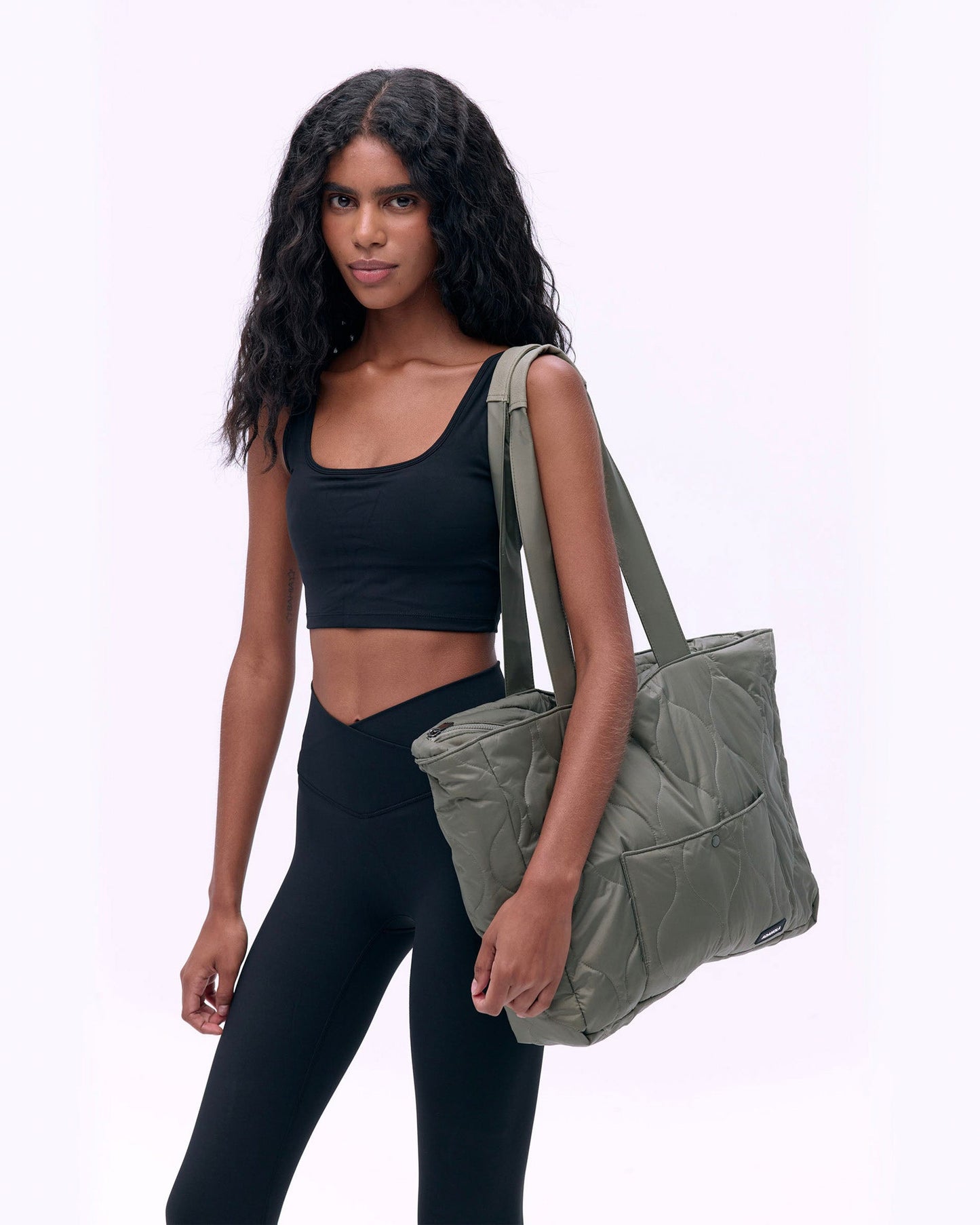 Quilted Nylon Tote Bag - Olive Green