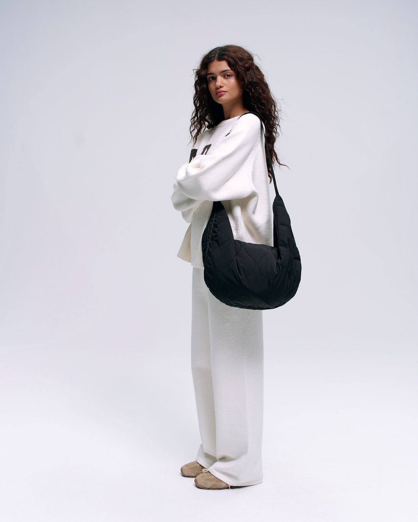 Quilted Branded Slouchy Bag - Black