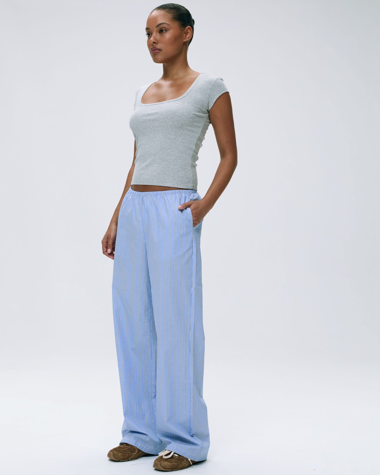 Rib Short Sleeve Scoop Neck Top - Light Grey Melange