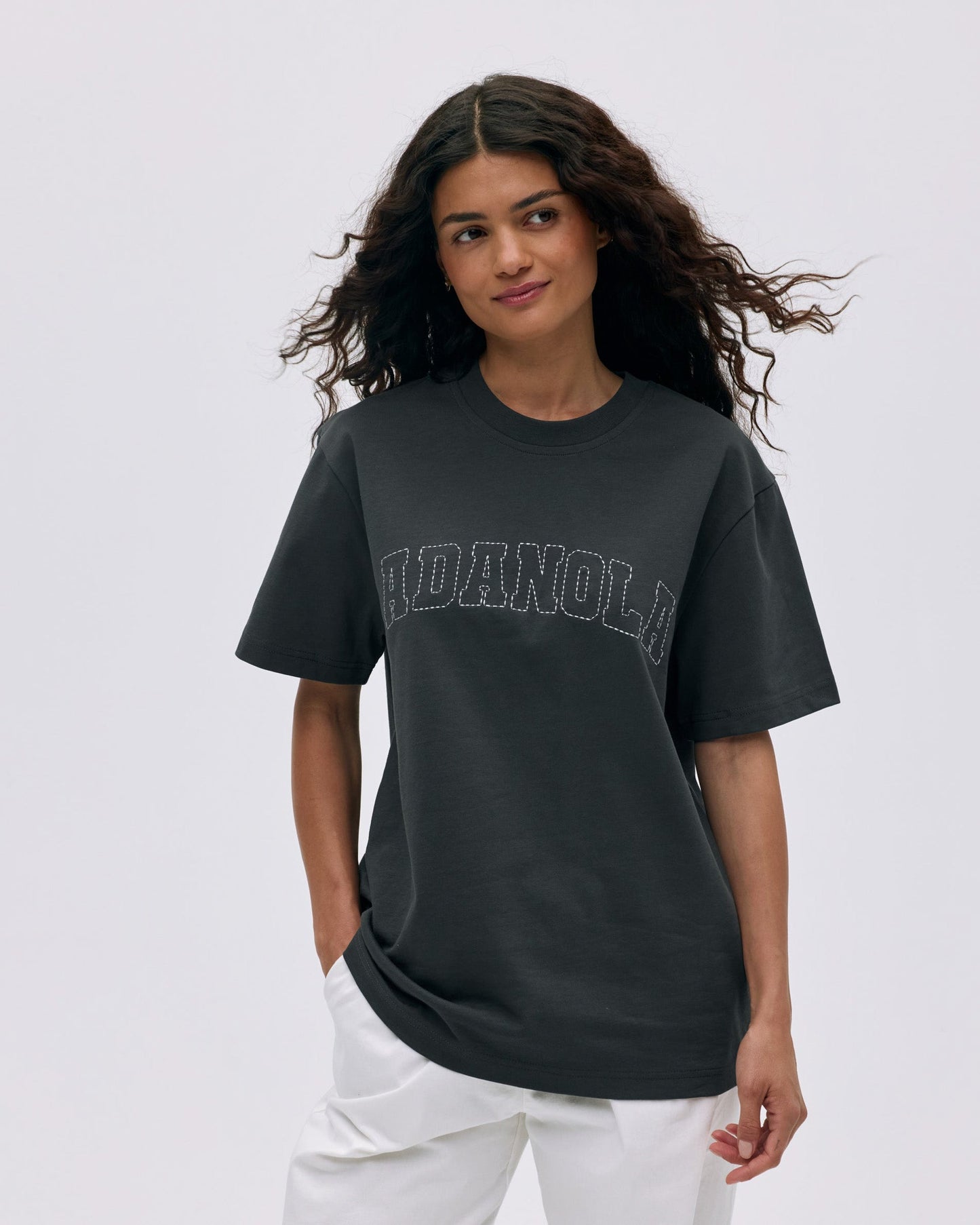 Varsity Stitch Short Sleeve Oversized T-shirt - Graphite Grey/Marshmallow White