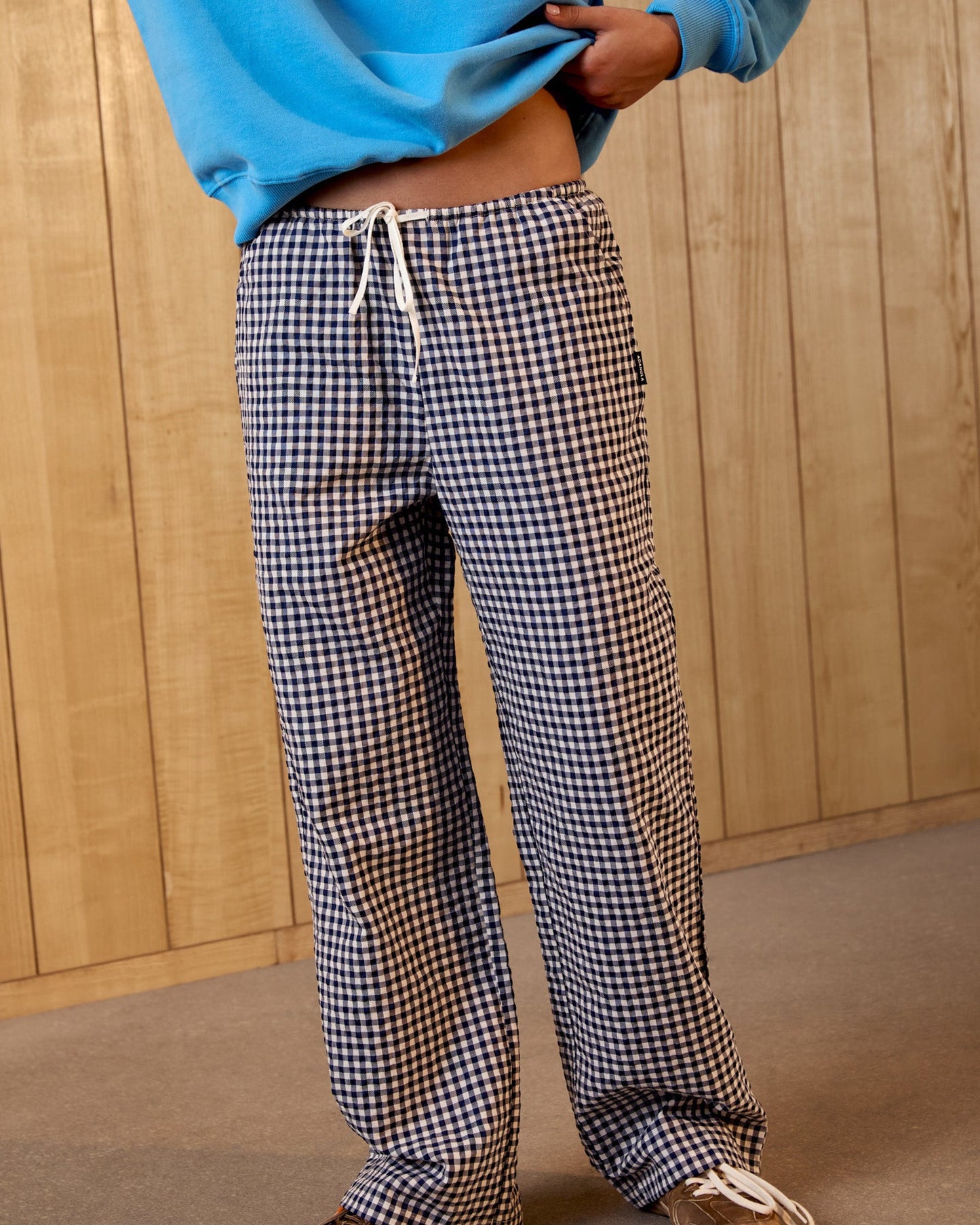 Gingham Drawstring Pants - Navy Blue/White