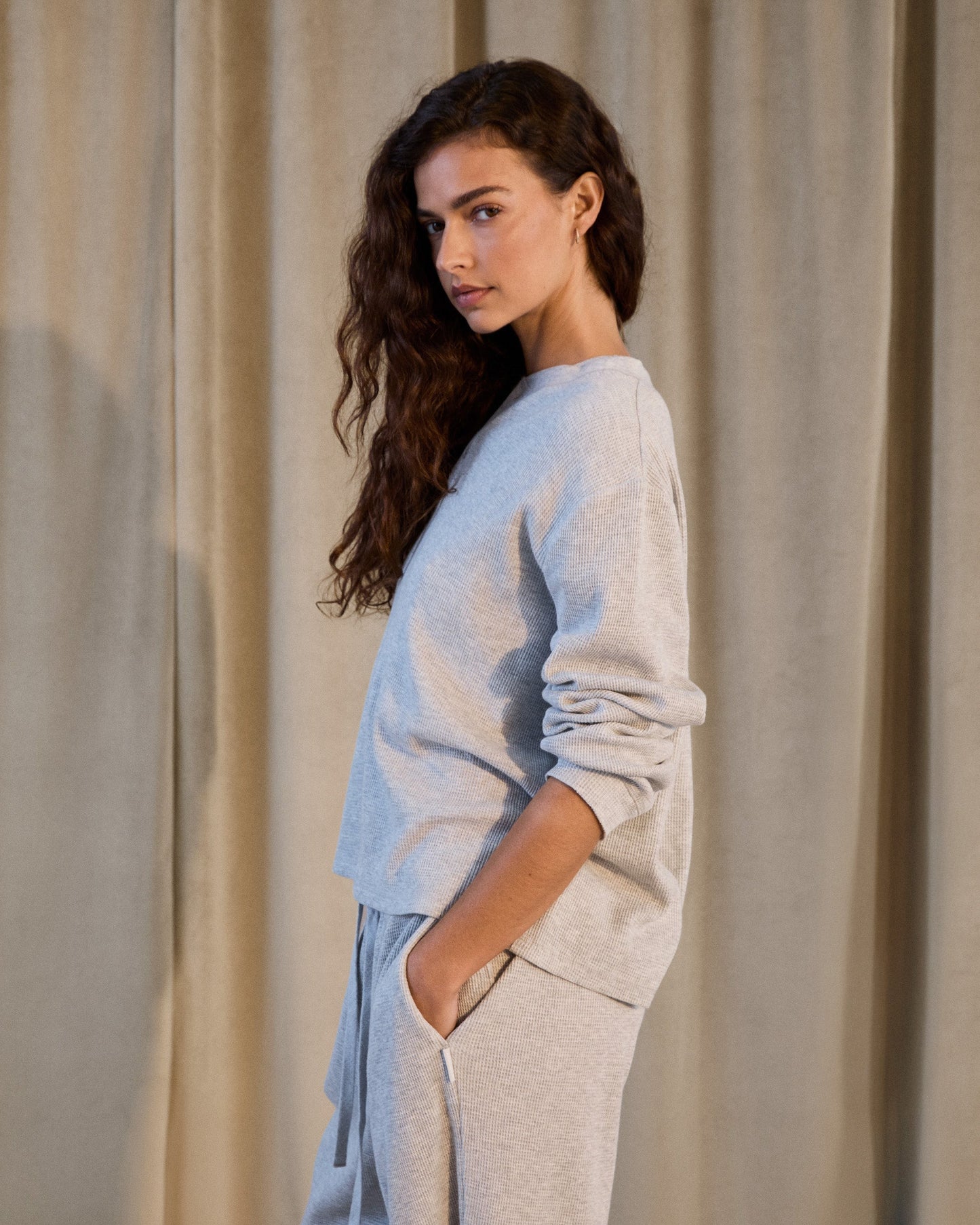 Waffle Henley Long Sleeve T-shirt - Light Grey Melange