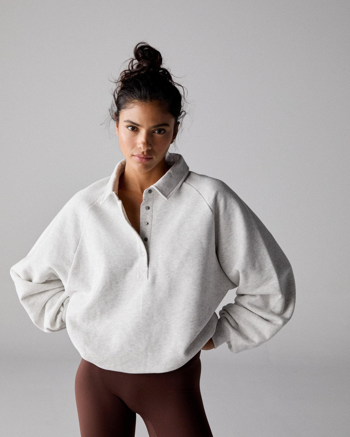 Slouchy Button Up Sweatshirt - Light Grey Melange