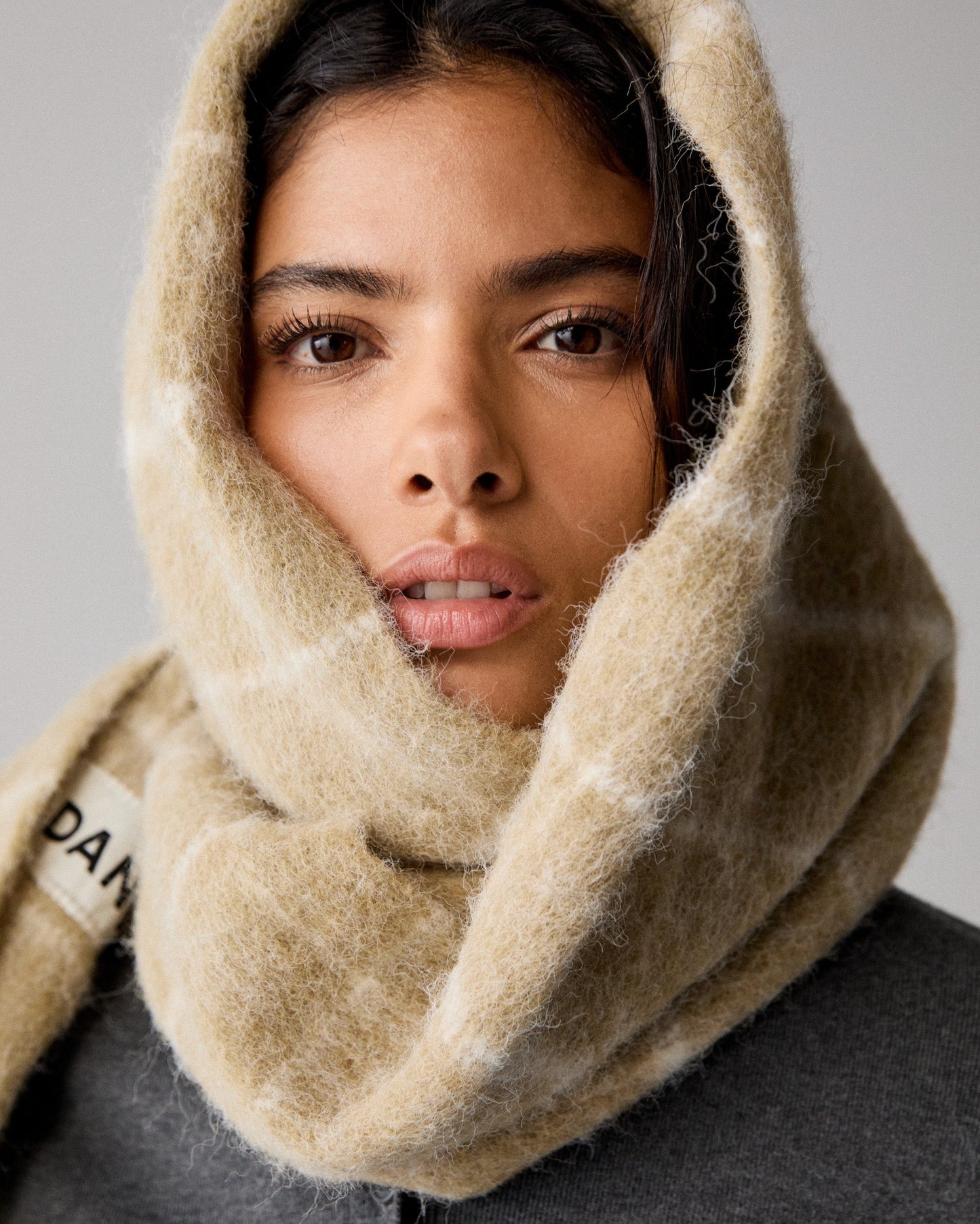 Wool Blend Brushed Checked Scarf - Stone/Marshmallow White