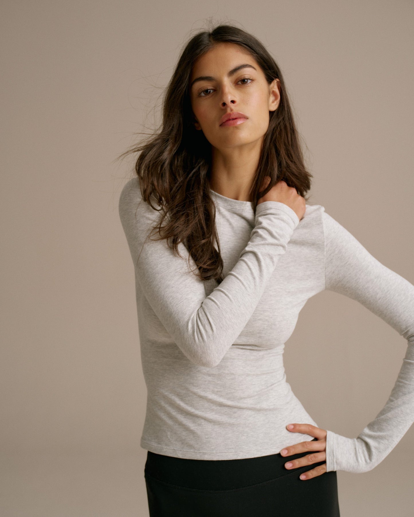 Cotton Long Sleeve Top - Grey Melange
