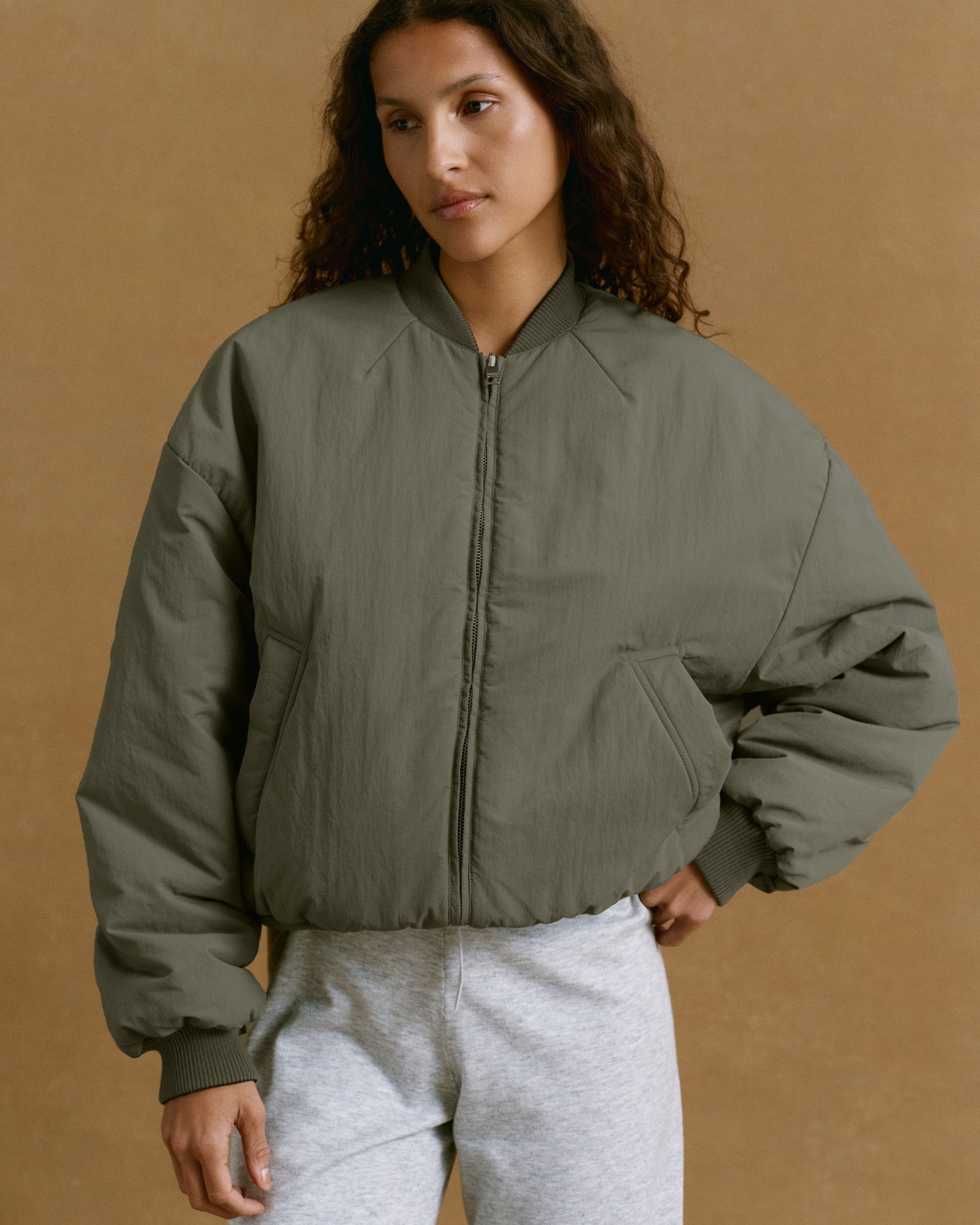 Drop Shoulder Reversible Bomber Jacket - Black/Olive Green