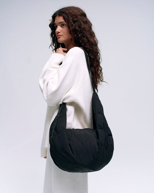 Quilted Branded Slouchy Bag - Black