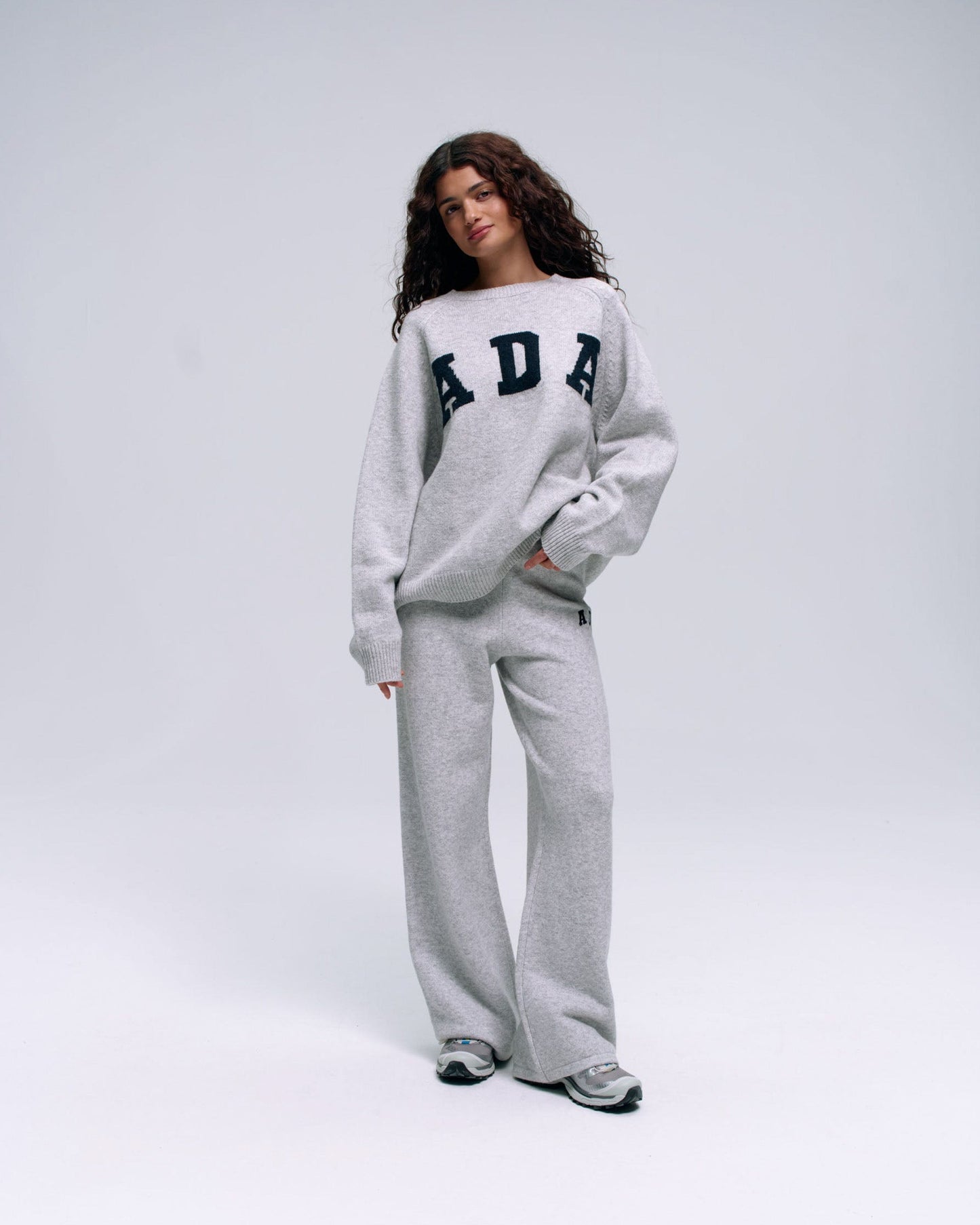 ADA Knit Straight Leg Sweatpants  - Light Grey Melange/Navy Blue