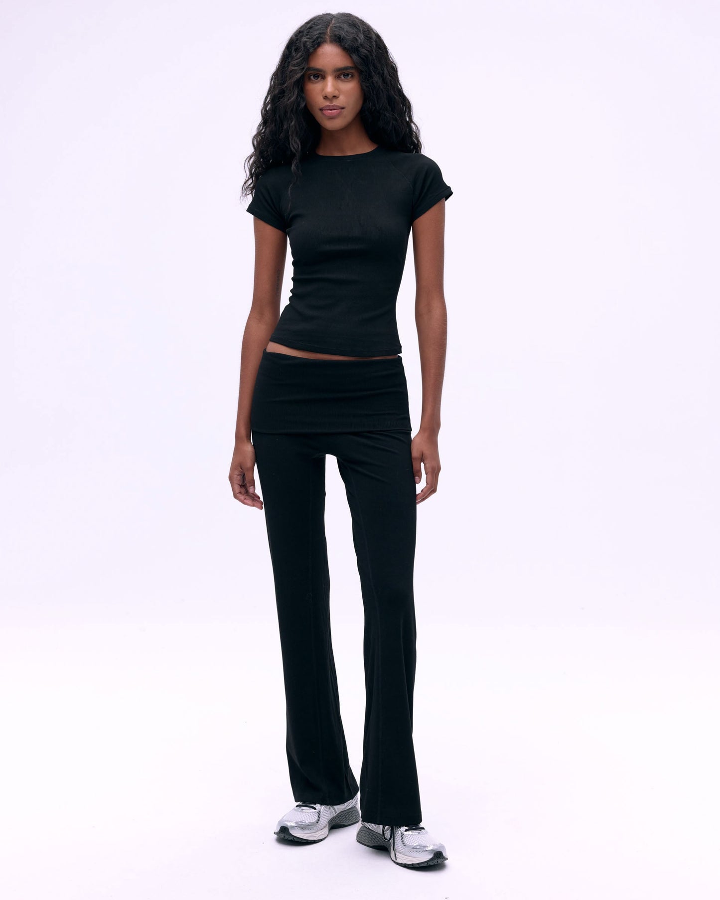 Rib Fold Over Pants - Black