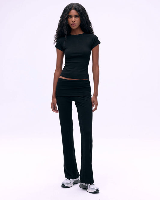 Rib Fold Over Pants - Black