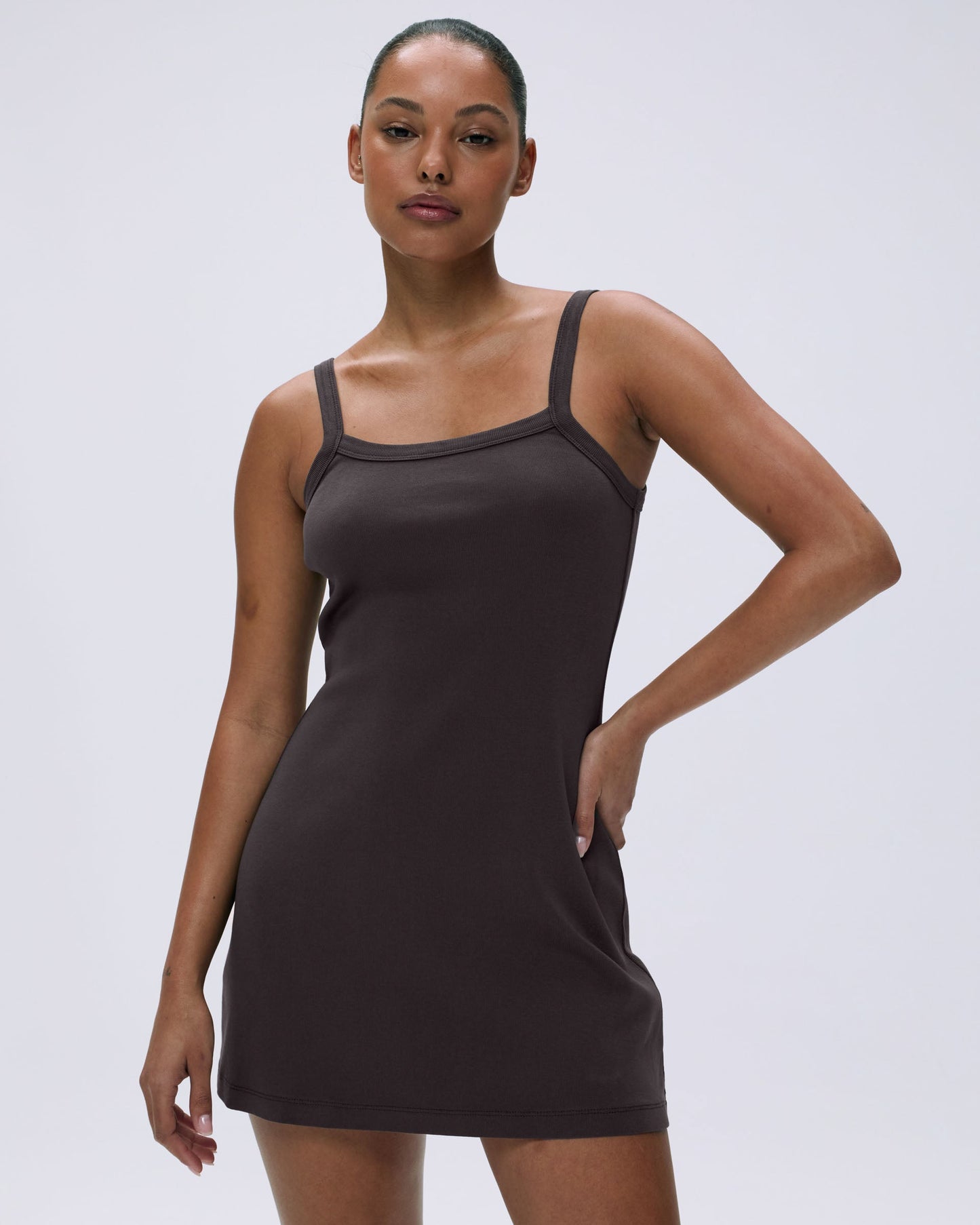 Rib Wide Binding Mini Dress - Coffee Bean