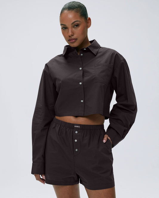 Cotton Cropped Shirt - Coffee Bean