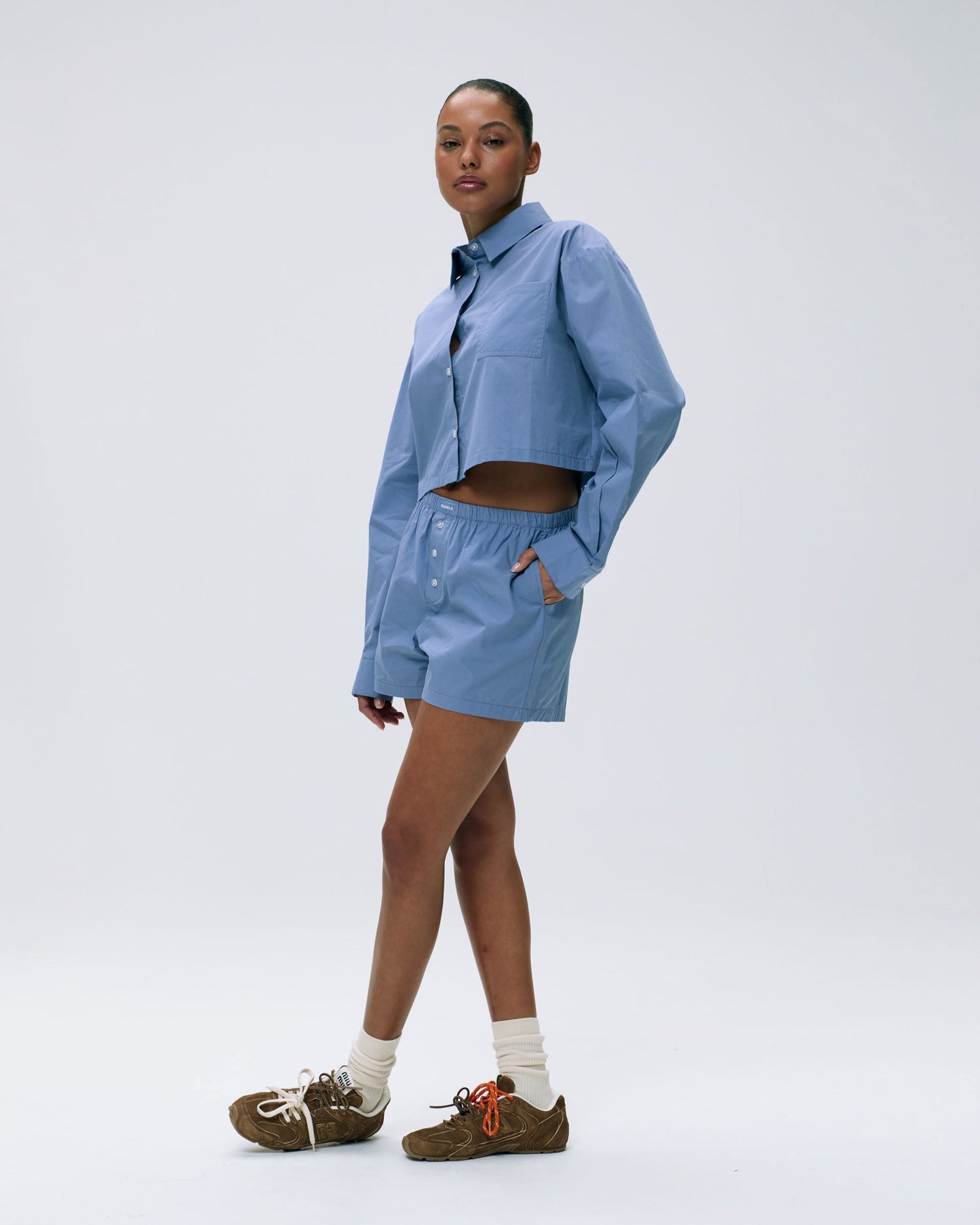 Cotton Cropped Shirt - Blue