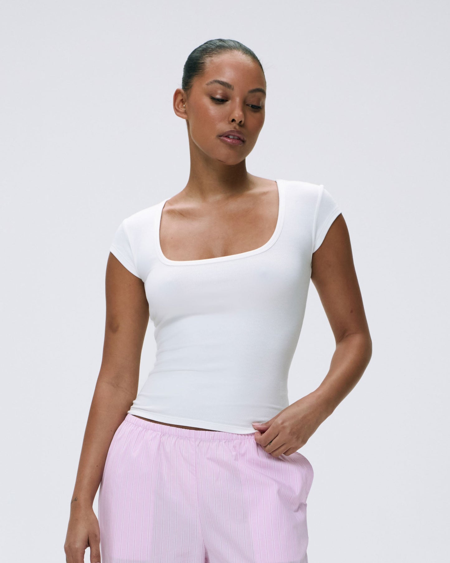 Rib Short Sleeve Scoop Neck Top - White