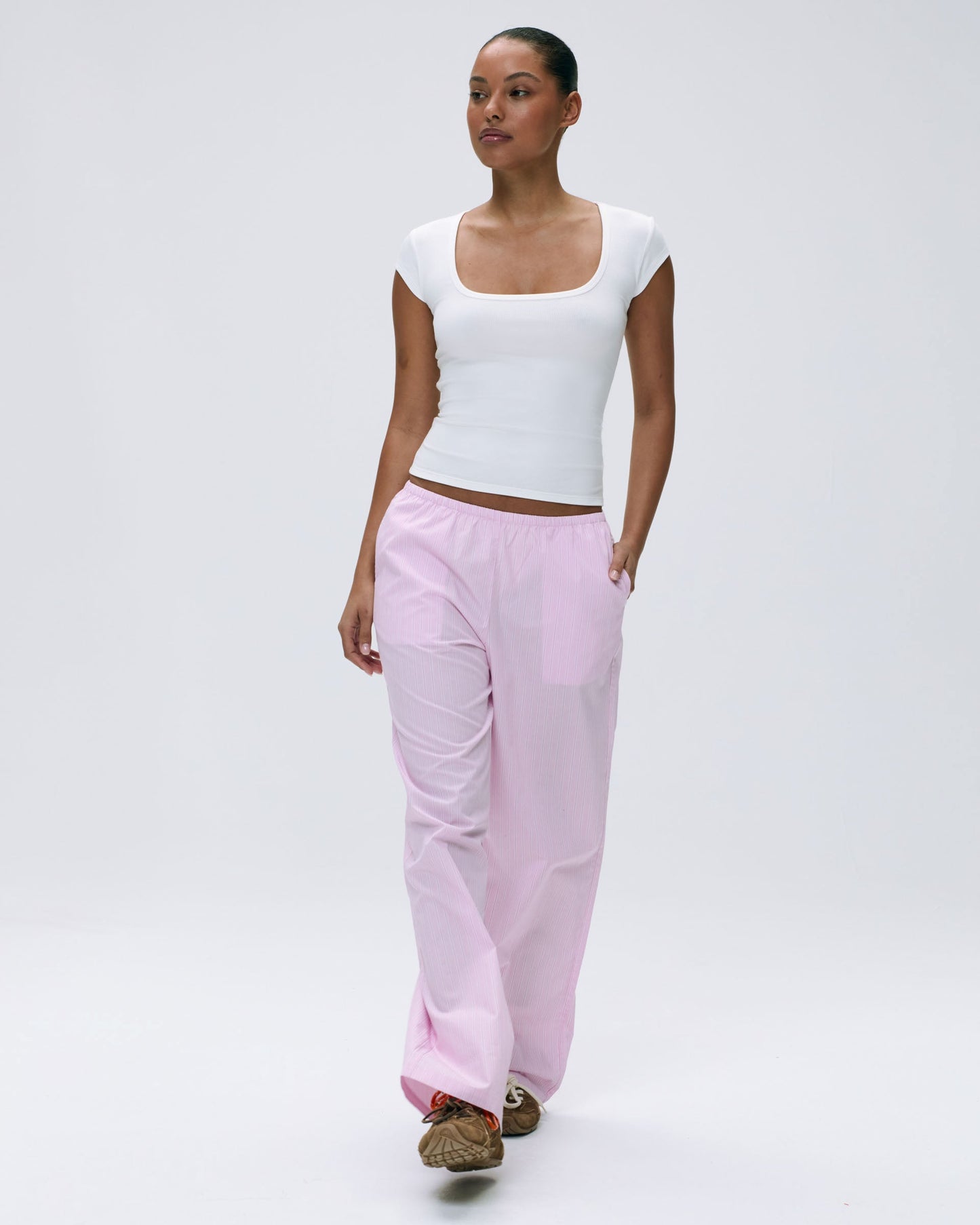 Rib Short Sleeve Scoop Neck Top - White