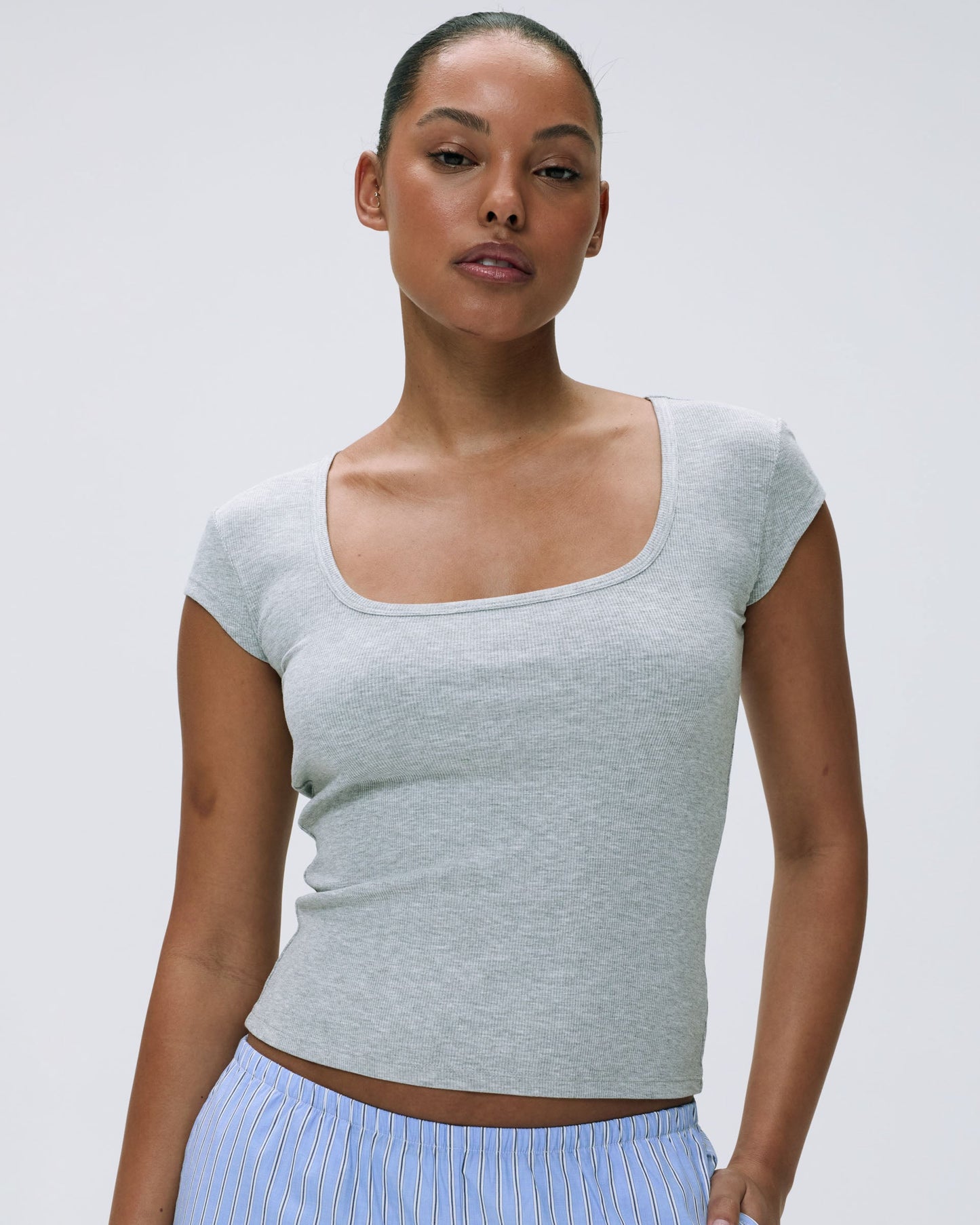 Rib Short Sleeve Scoop Neck Top - Light Grey Melange