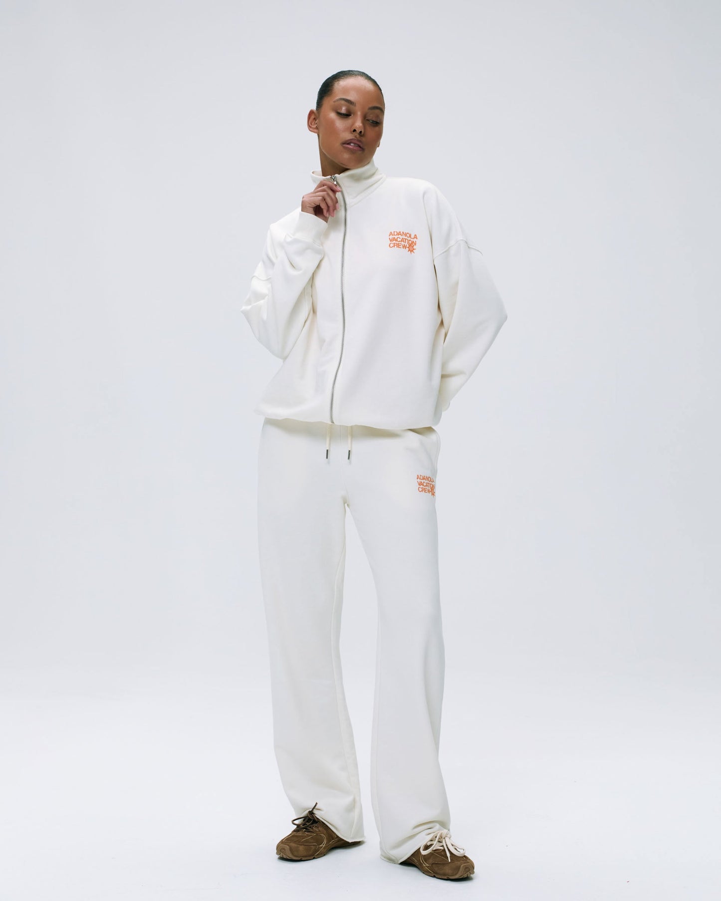 Vacation Full Zip Funnel Sweatshirt - Marshmallow White/Mango Orange