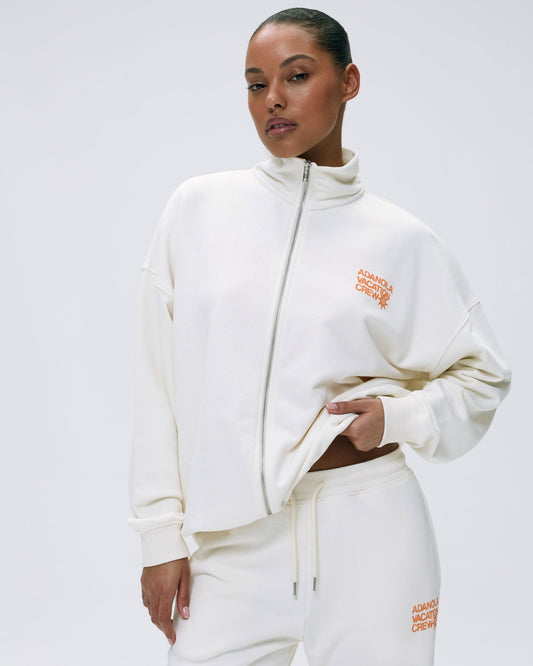 Vacation Full Zip Funnel Sweatshirt - Marshmallow White/Mango Orange