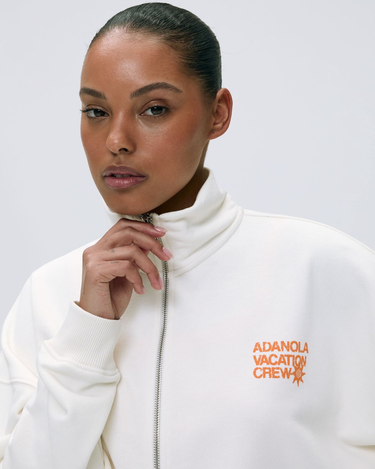 Vacation Full Zip Funnel Sweatshirt - Marshmallow White/Mango Orange