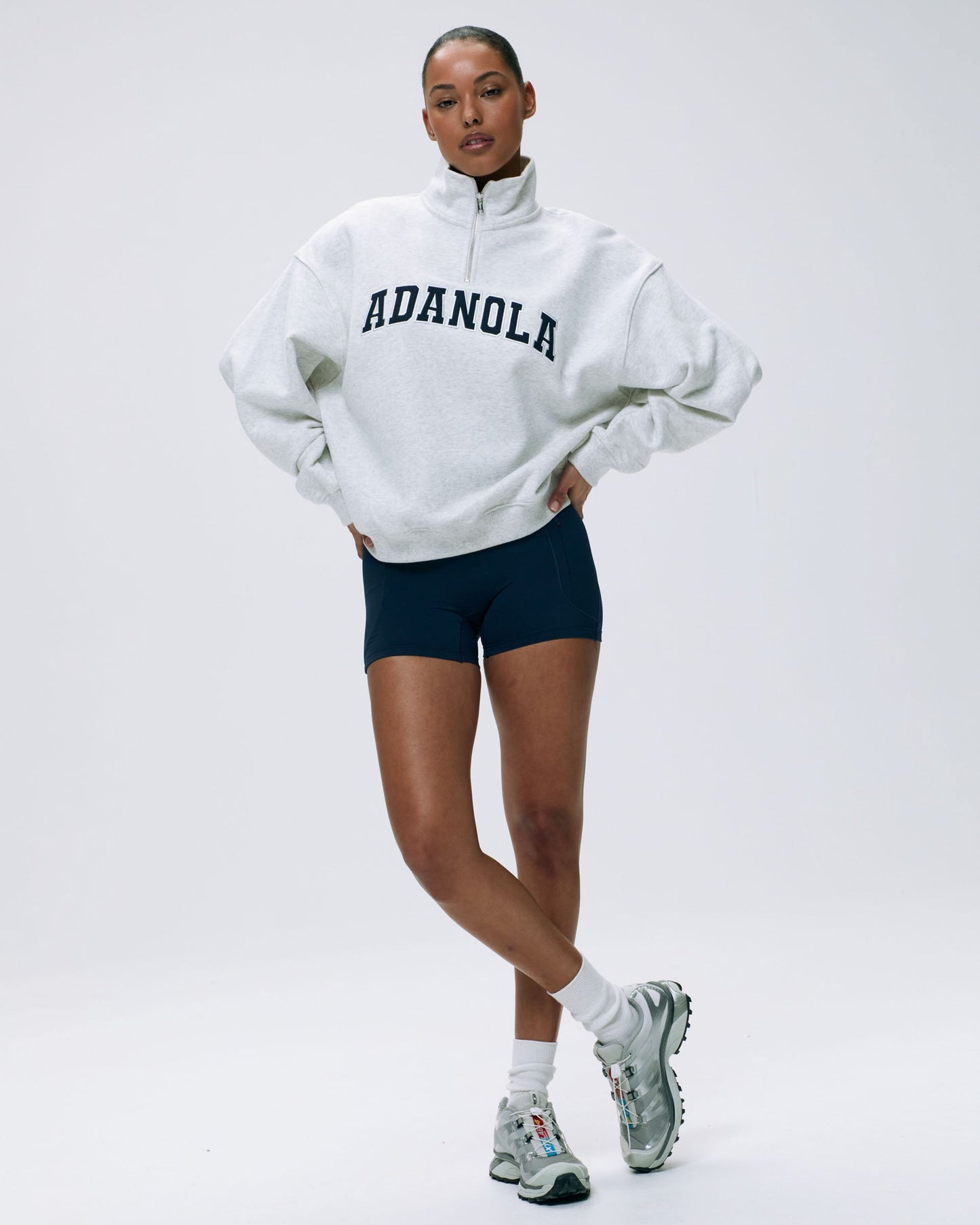 Varsity Relaxed Funnel Neck Zip Sweatshirt - Light Grey Melange/Navy Blue