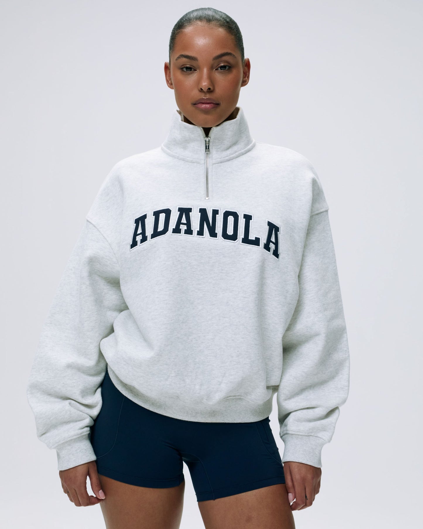Varsity Relaxed Funnel Neck Zip Sweatshirt - Light Grey Melange/Navy Blue