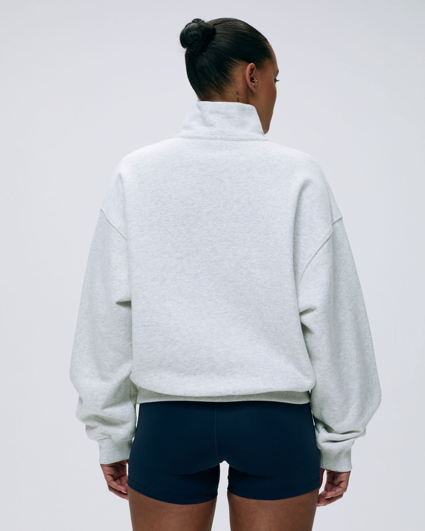 Varsity Relaxed Funnel Neck Zip Sweatshirt - Light Grey Melange/Navy Blue