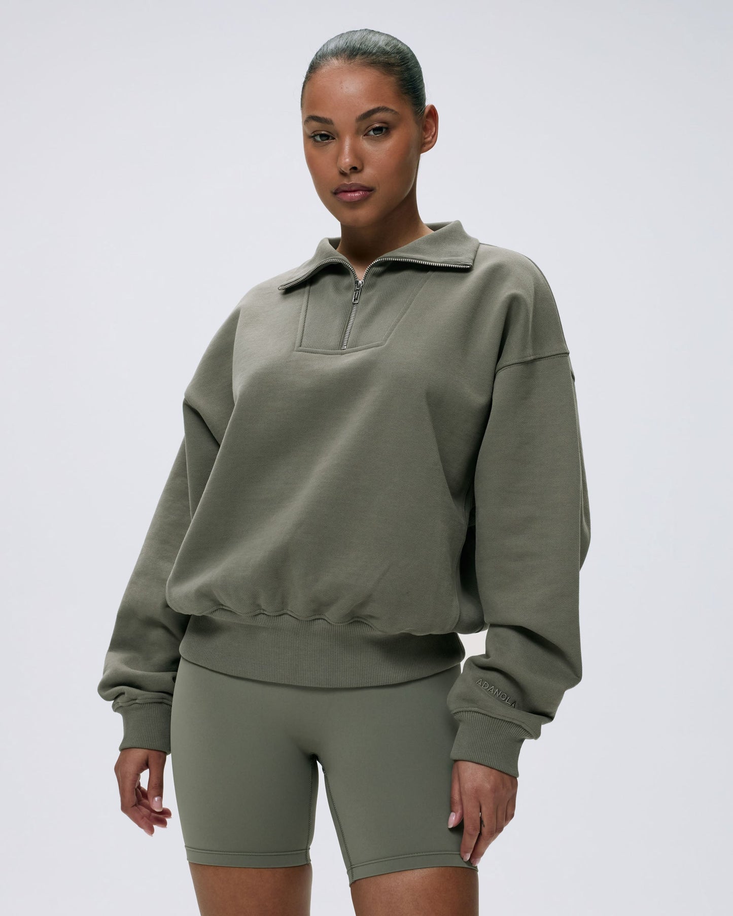 Relaxed Funnel Neck Zip Sweatshirt - Olive Green