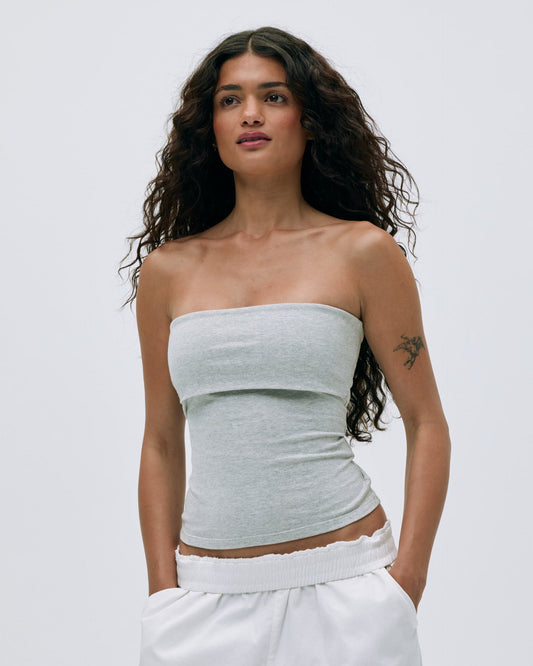 Cotton Fold Over Bandeau - Light Grey Melange