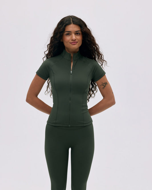 Ultimate Short Sleeve Zip Up Top - Dark Olive