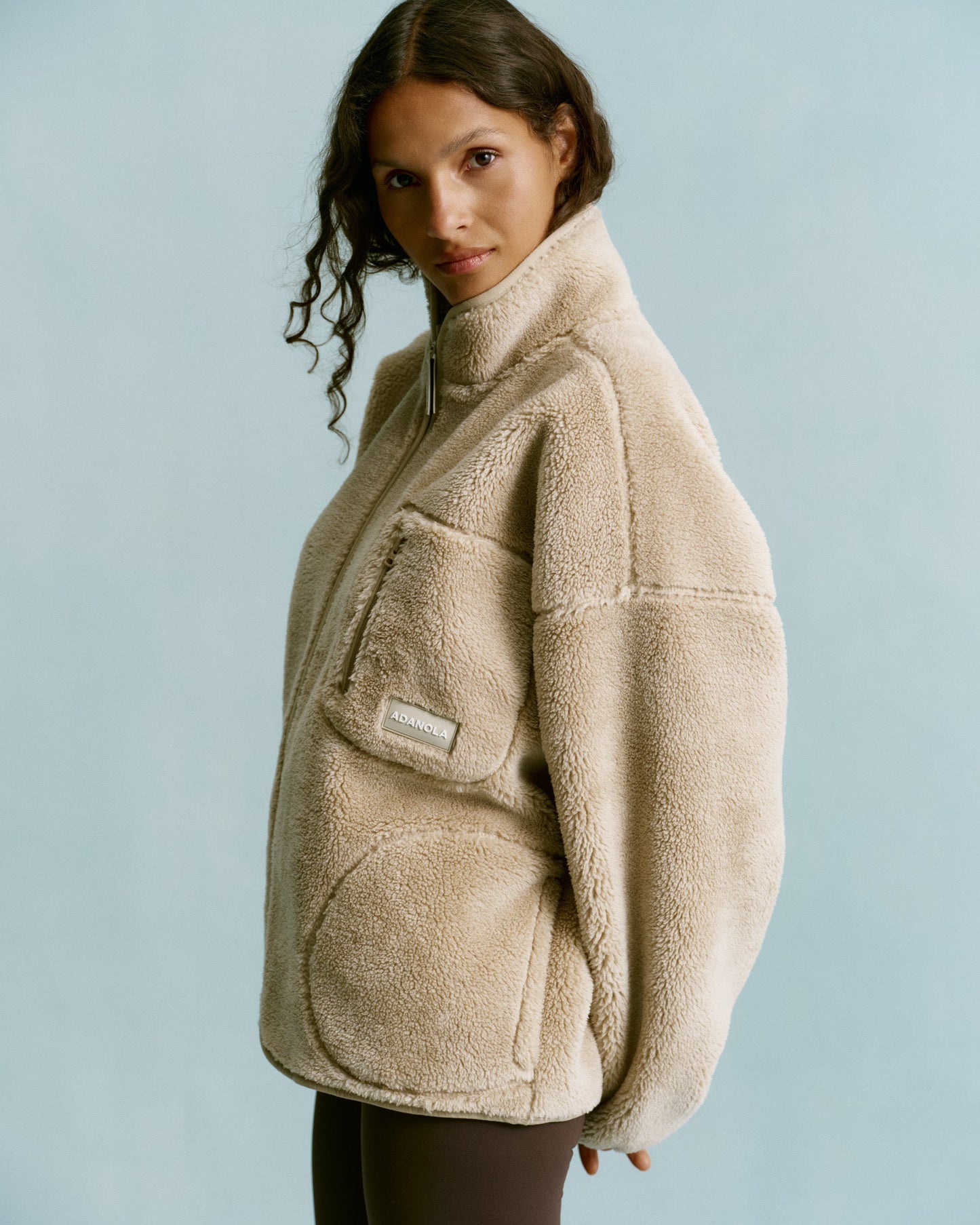 Oversized Pocket Zip Through Fleece - Sand