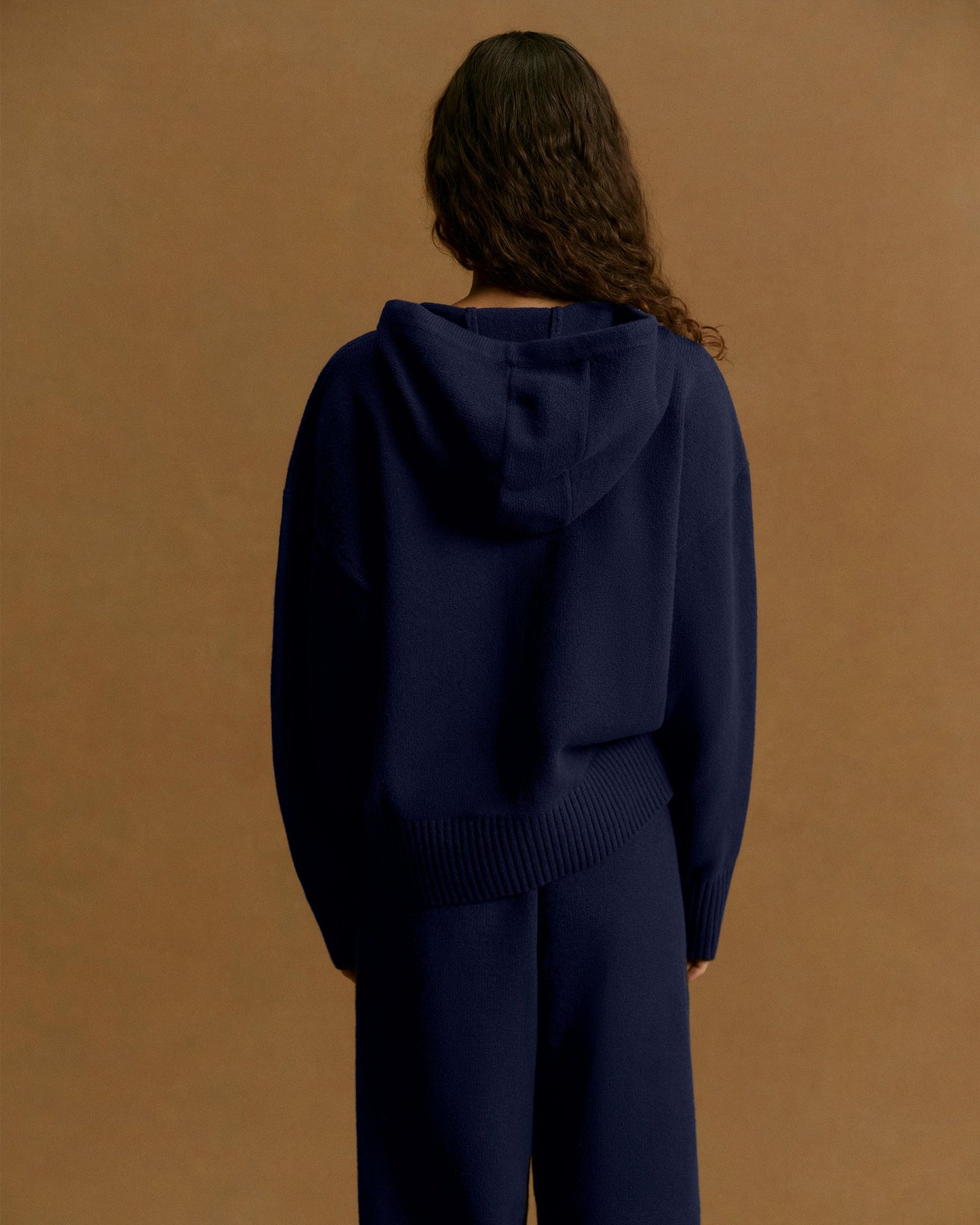 Varsity Knit Hooded Bomber Jacket - Navy Blue/Marshmallow White