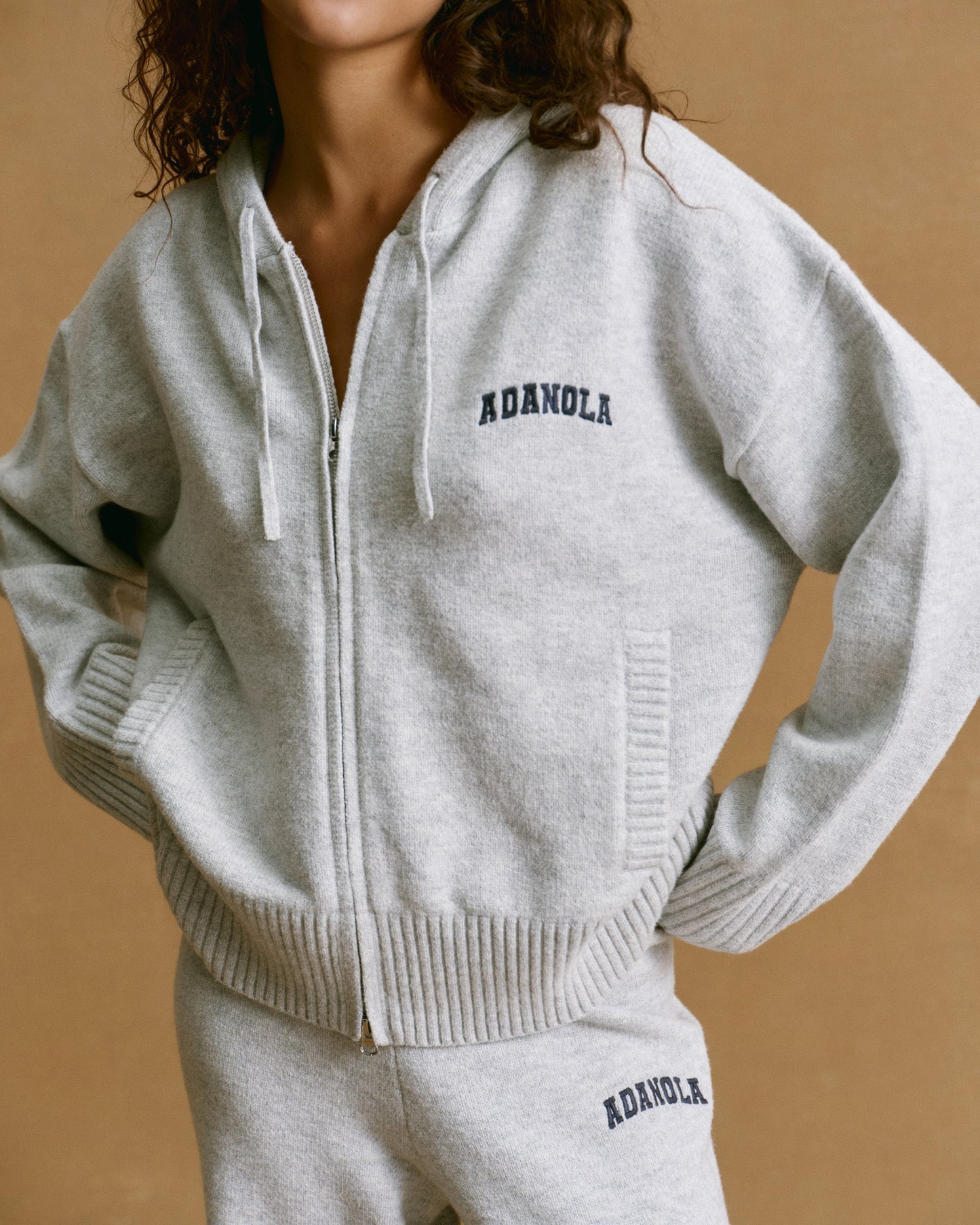 Varsity Knit Hooded Bomber Jacket - Light Grey Melange/Navy Blue