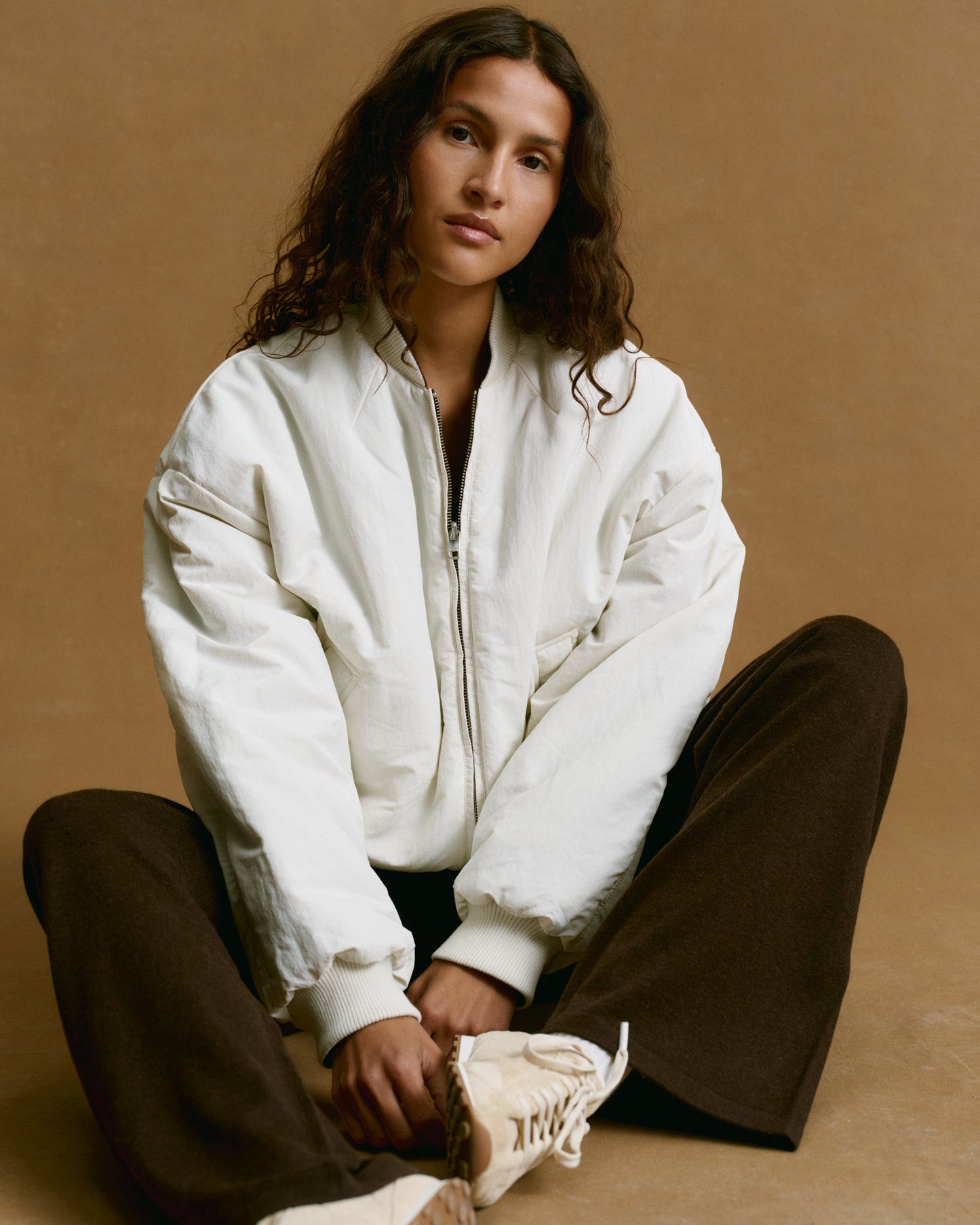 Drop Shoulder Reversible Bomber Jacket - Coffee Bean/Marshmallow White