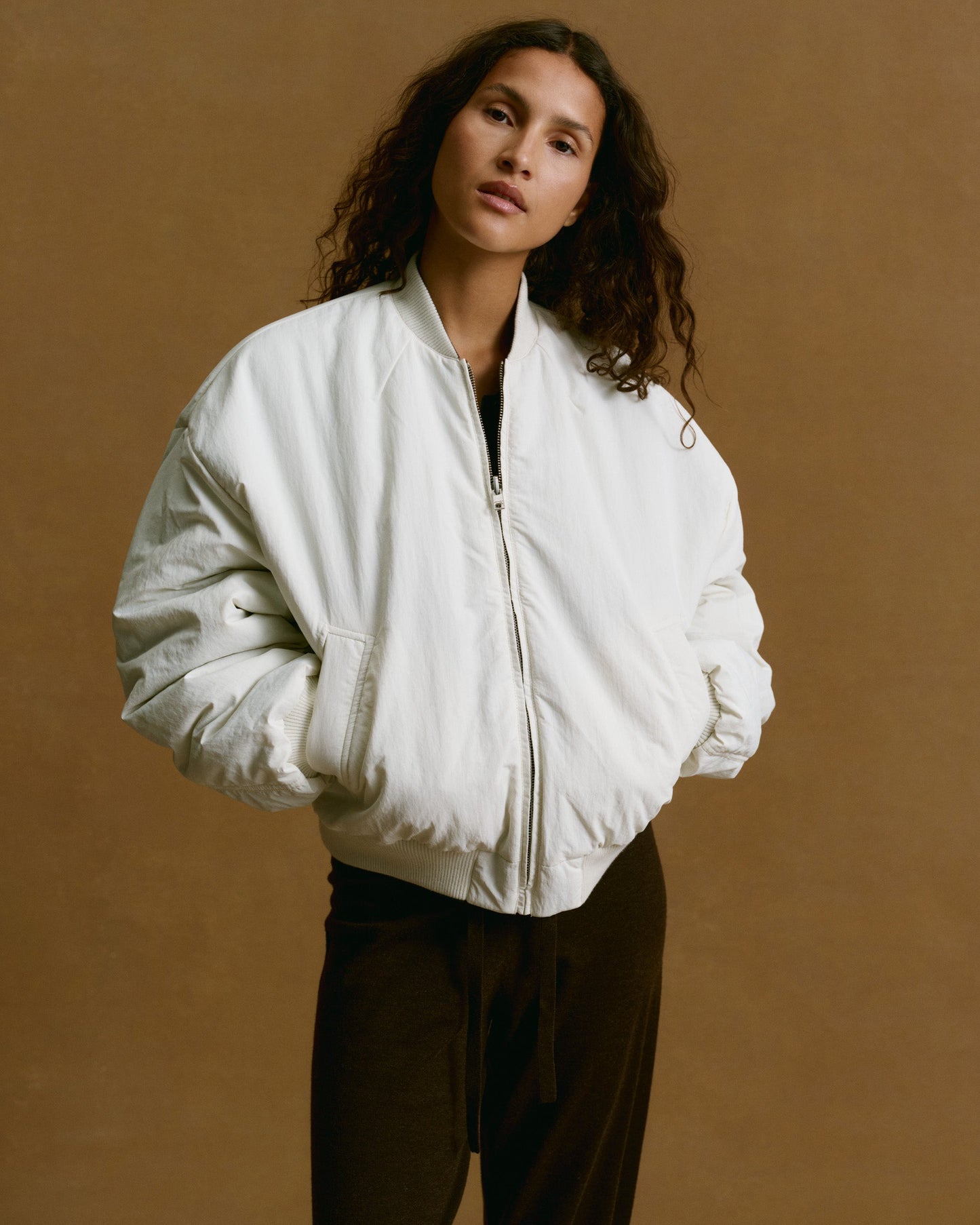 Drop Shoulder Reversible Bomber Jacket - Coffee Bean/Marshmallow White