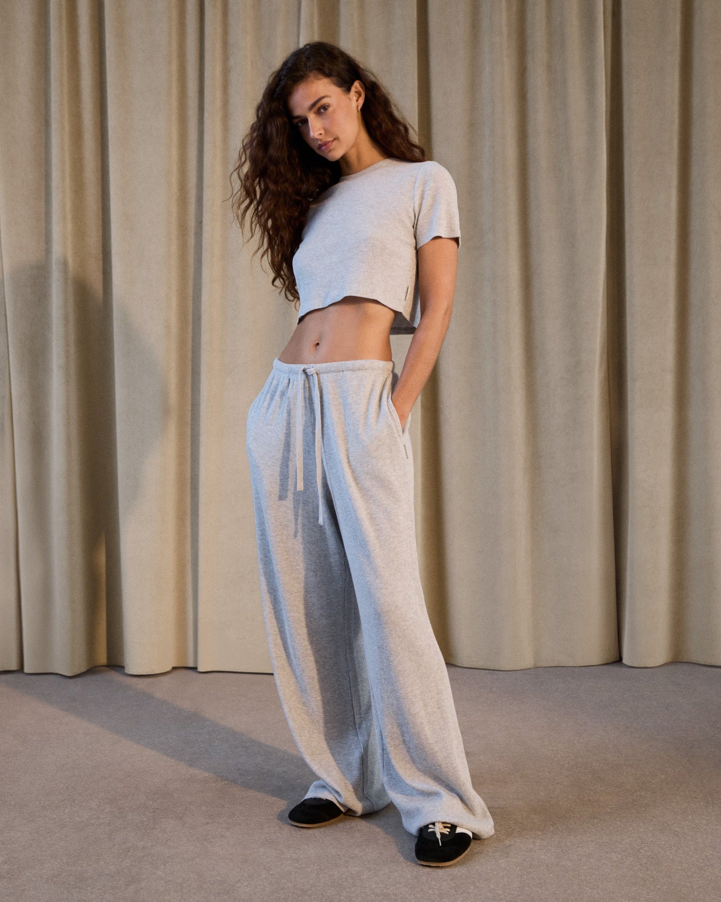 Waffle Straight Leg Pants - Light Grey Melange