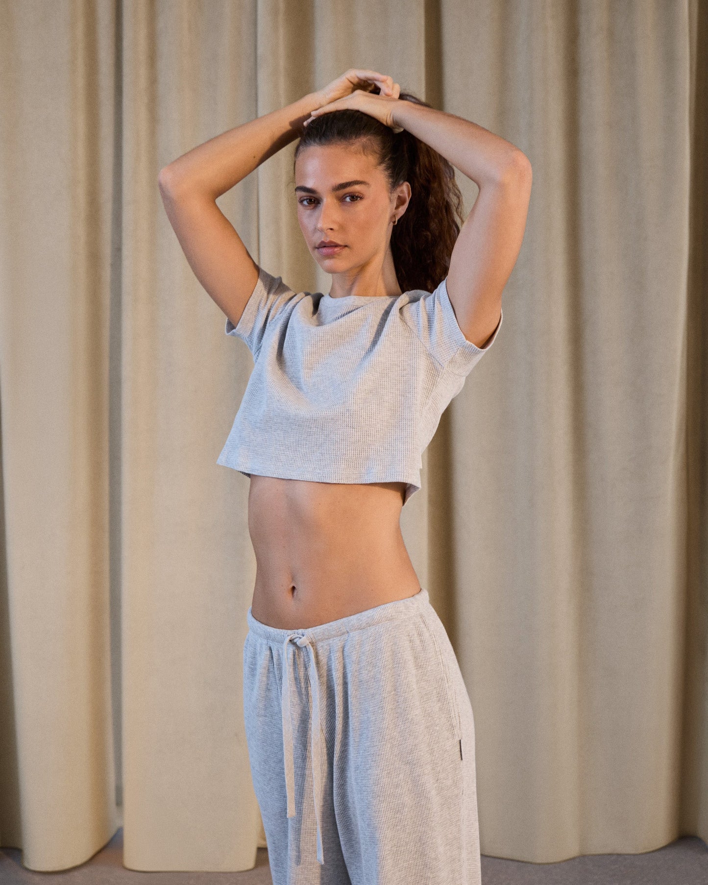 Waffle Short Sleeve Top - Light Grey Melange