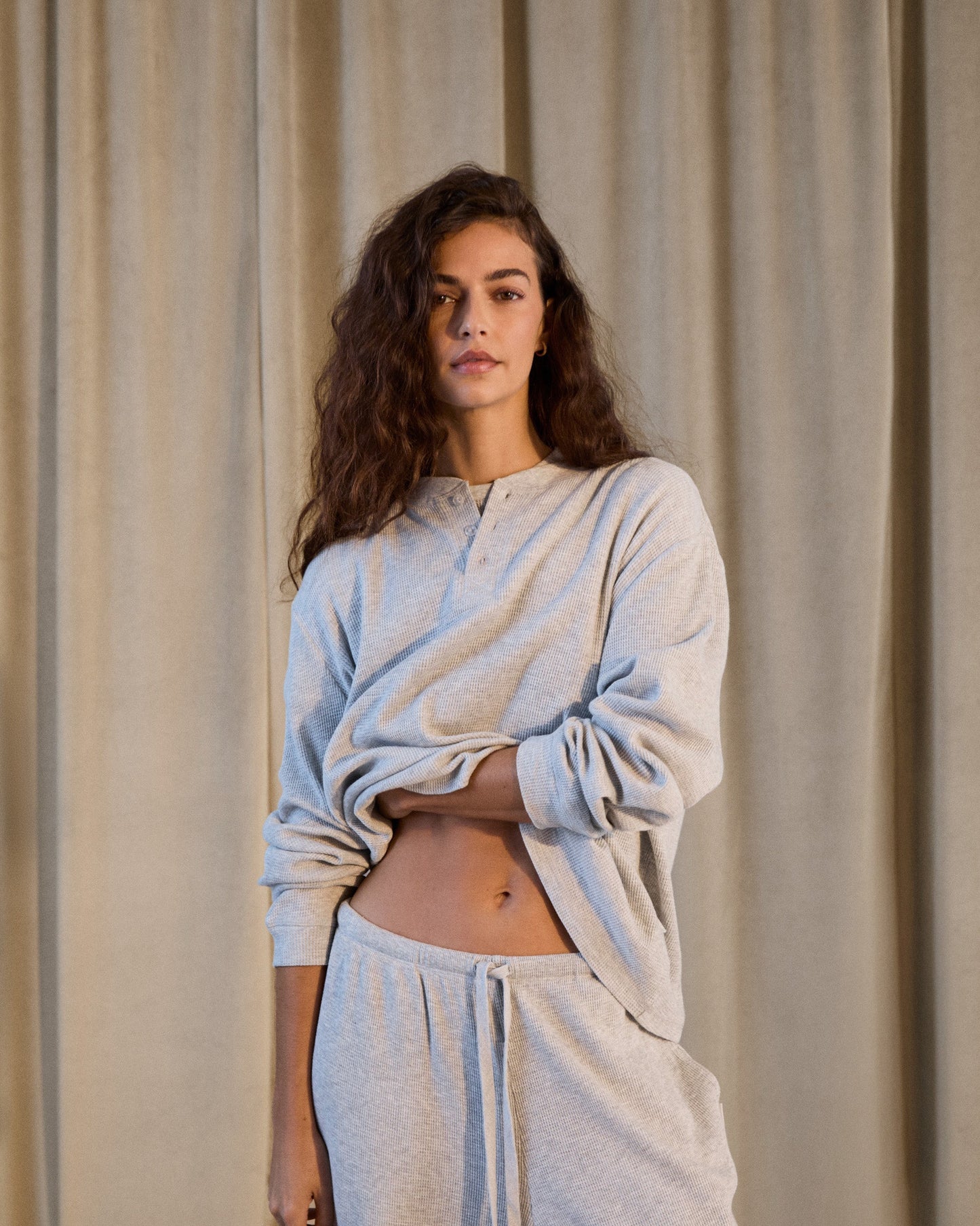 Waffle Henley Long Sleeve T-shirt - Light Grey Melange