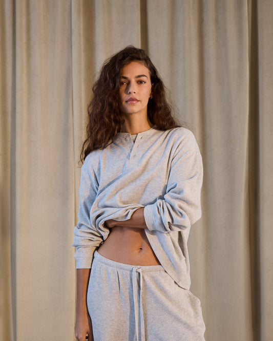 Waffle Henley Long Sleeve T-shirt - Light Grey Melange