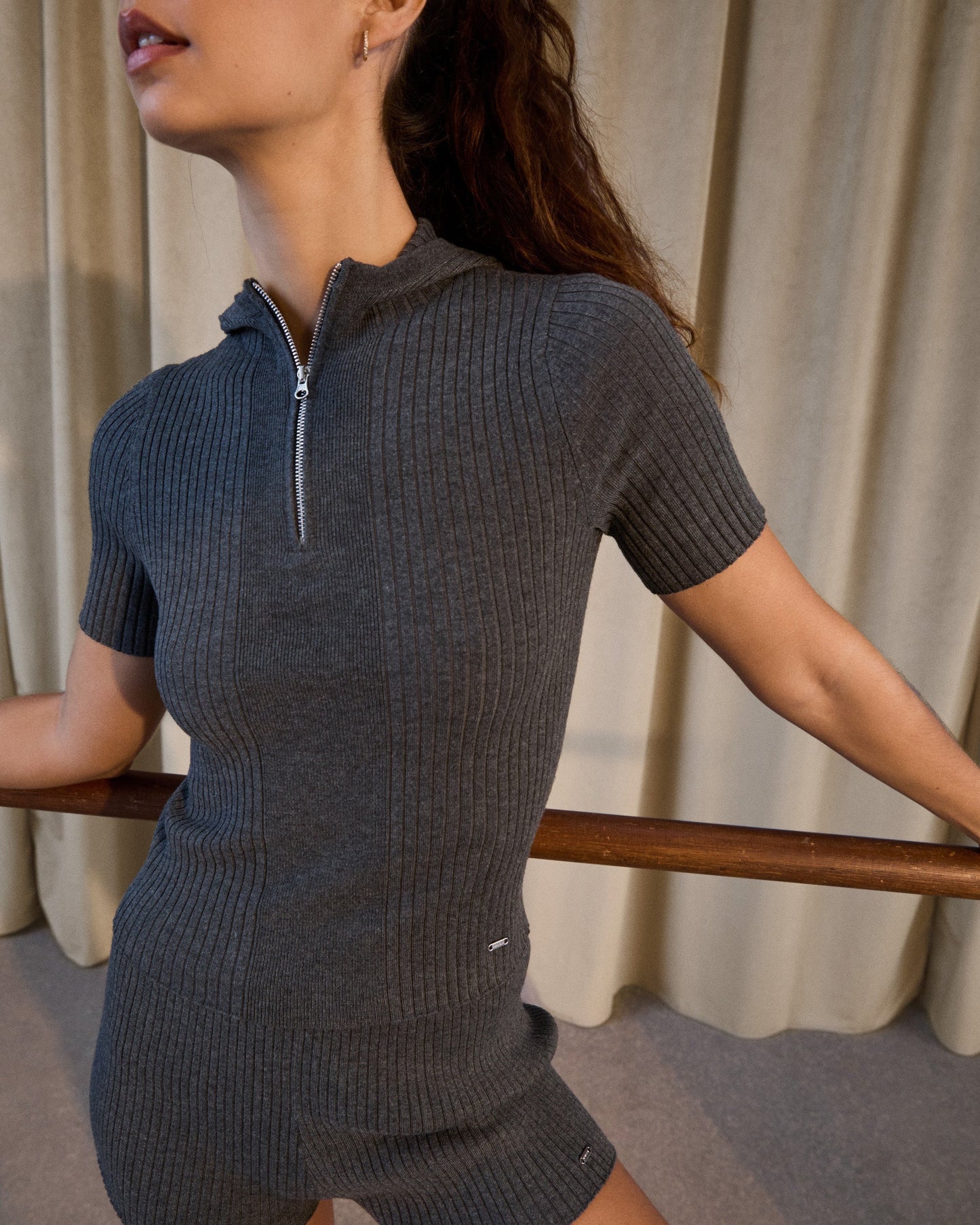 Rib Knit Quarter Zip Hooded Top - Graphite Grey