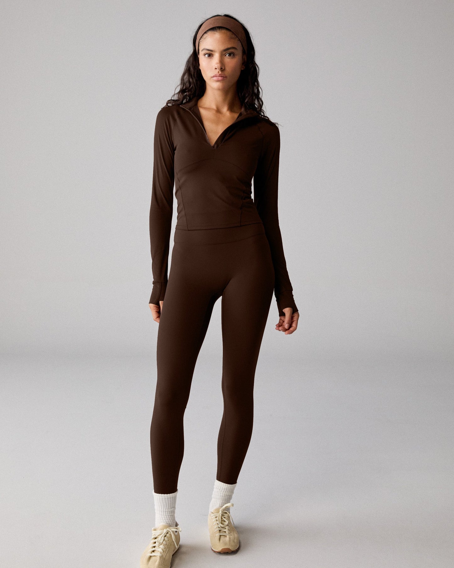 Ultimate Long Sleeve Seam Detail Zip Up Top - Chocolate Brown