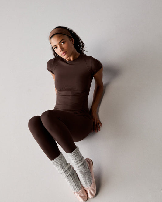 Ultimate Short Sleeve Seam Detail Curved Hem Top - Chocolate Brown