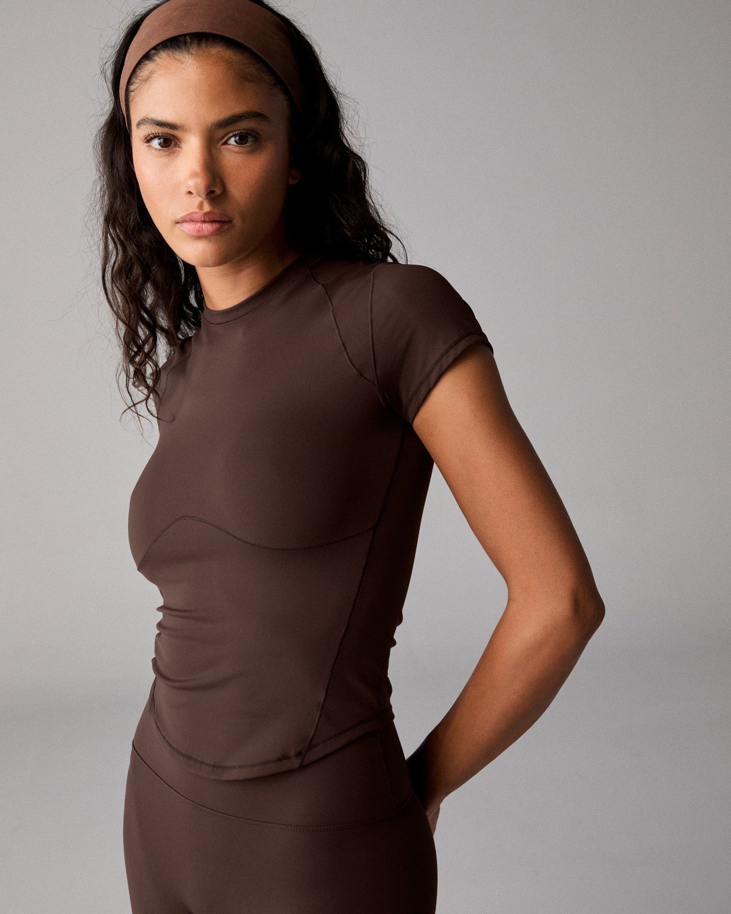 Ultimate Short Sleeve Seam Detail Curved Hem Top - Chocolate Brown