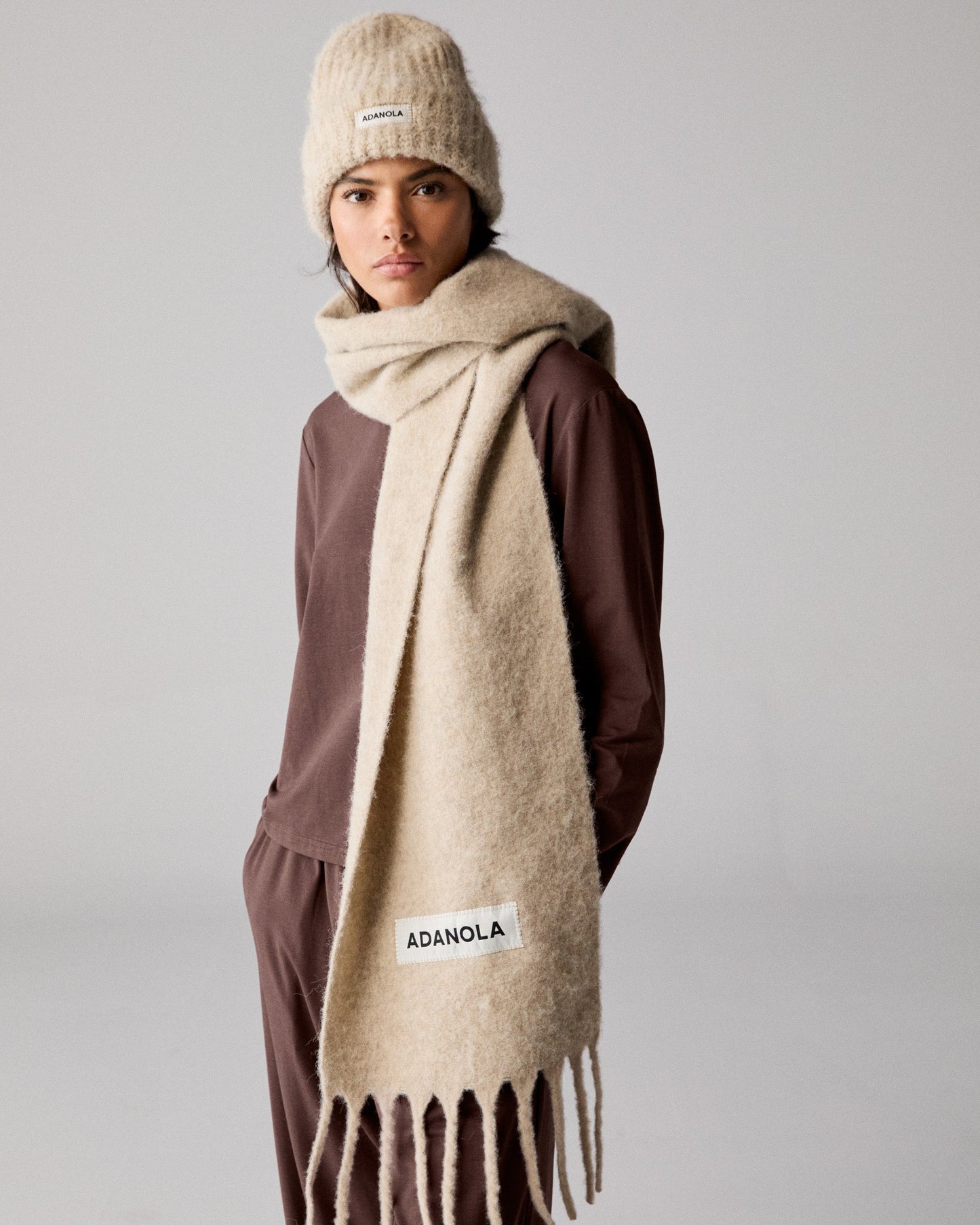 Wool Blend Brushed Beanie - Stone