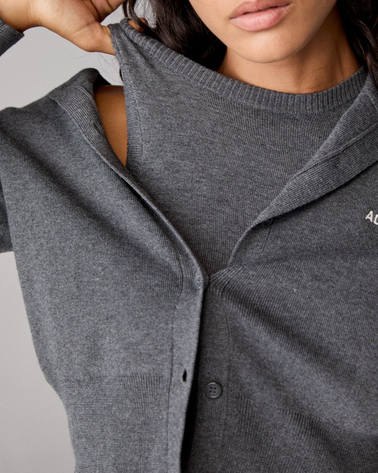 Knit Twinset Button Up Top - Dark Grey