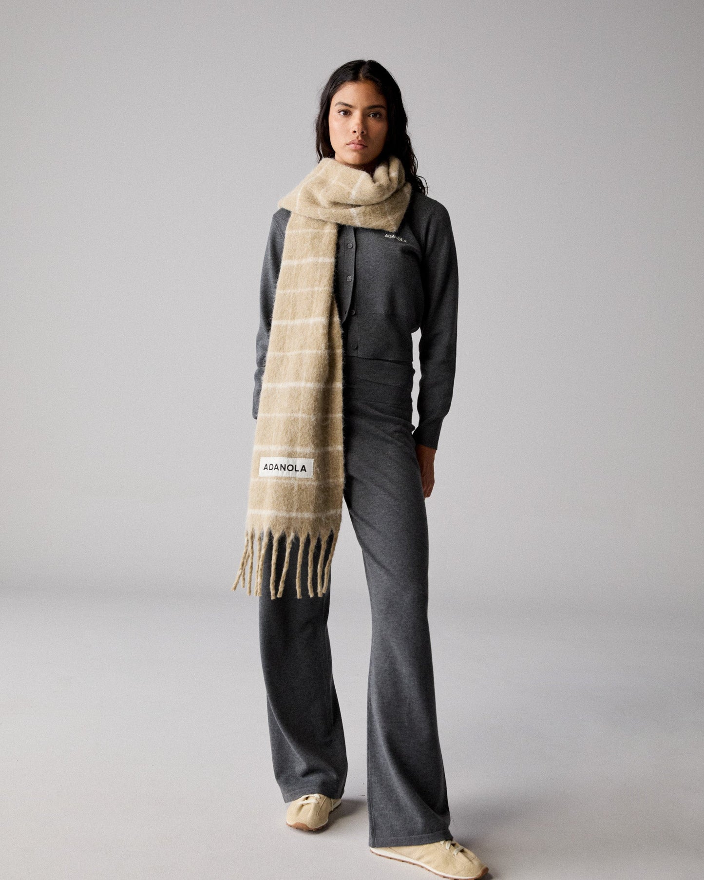 Wool Blend Brushed Checked Scarf - Stone/Marshmallow White