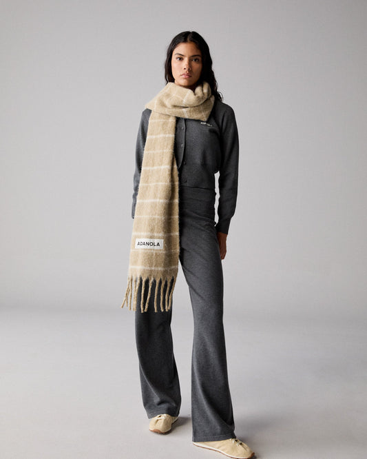 Wool Blend Brushed Checked Scarf - Stone/Marshmallow White