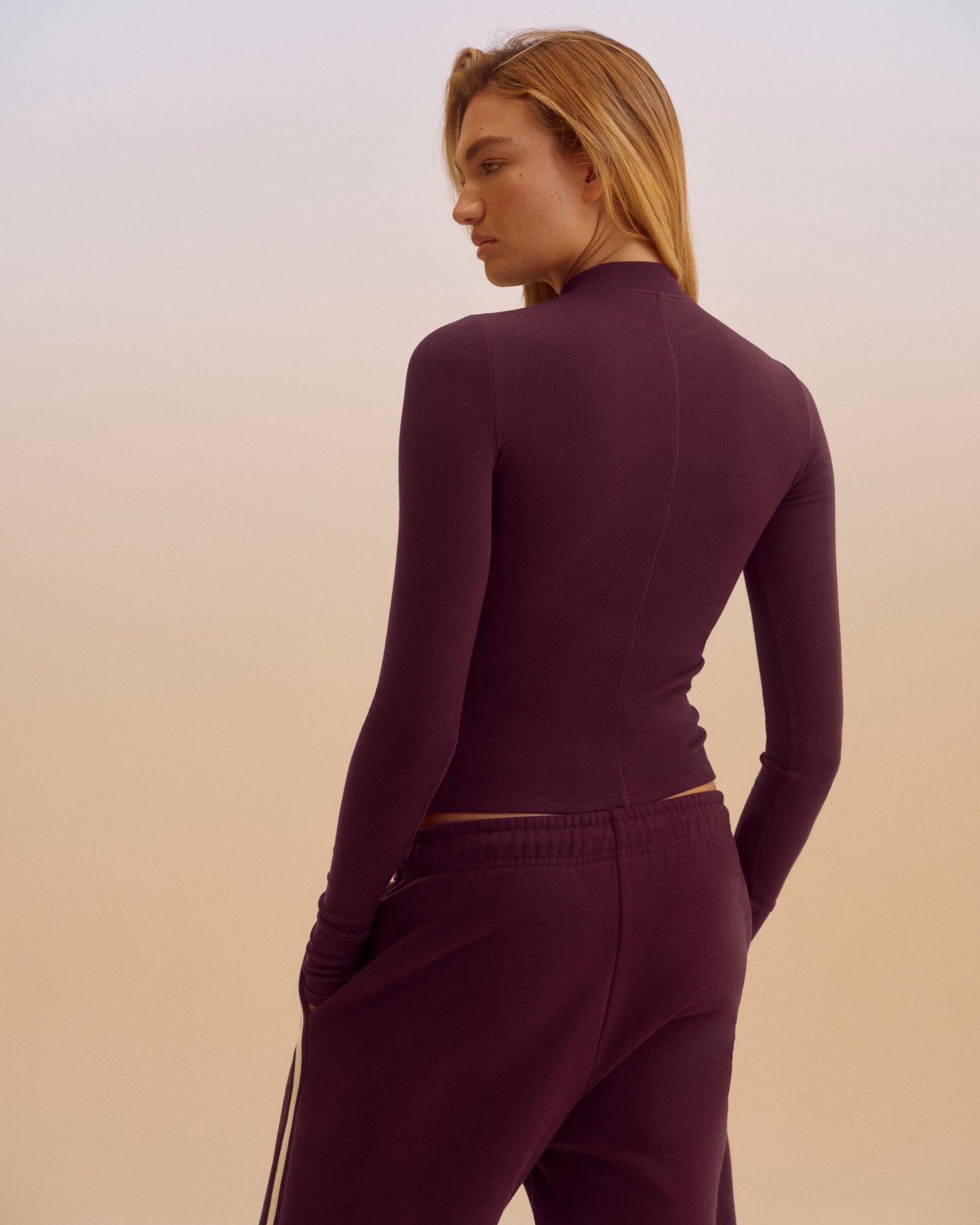Rib Long Sleeve High Neck Top - Dark Cherry