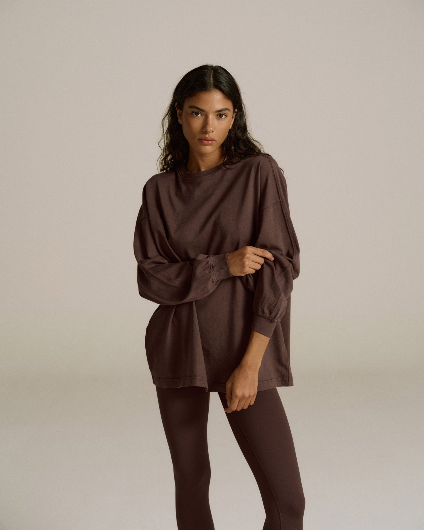 Washed Long Sleeve Oversized T-shirt - Chocolate Brown