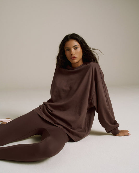 Washed Long Sleeve Oversized T-shirt - Chocolate Brown