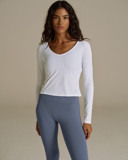 Soft Touch V Neck Long Sleeve Top - White
